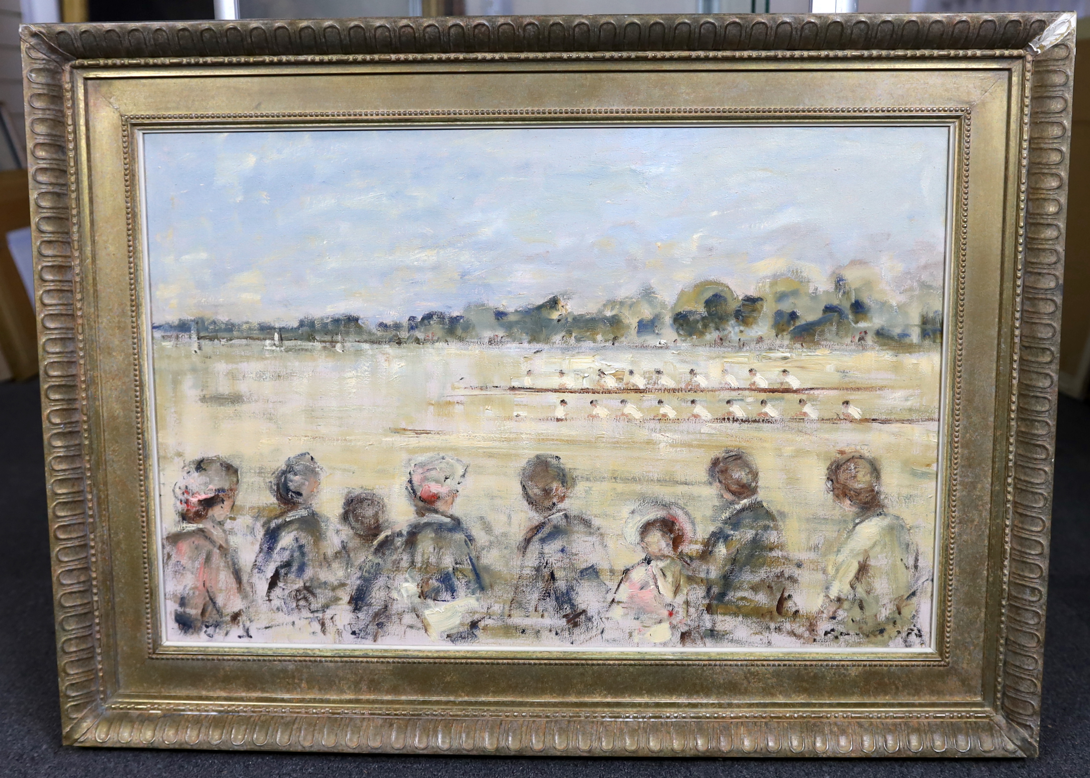 Walter John Beauvais (English, 1942-1998), oil on canvas, Figures watching the Oxford and Cambridge boat race, signed and dated '73, 49 x 75cm